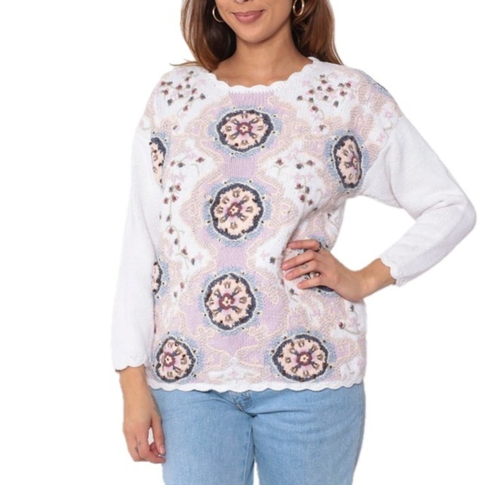 Vintage‎ Jennifer Reed Hand-knit Sweater Women's Size XL Embroidered Floral